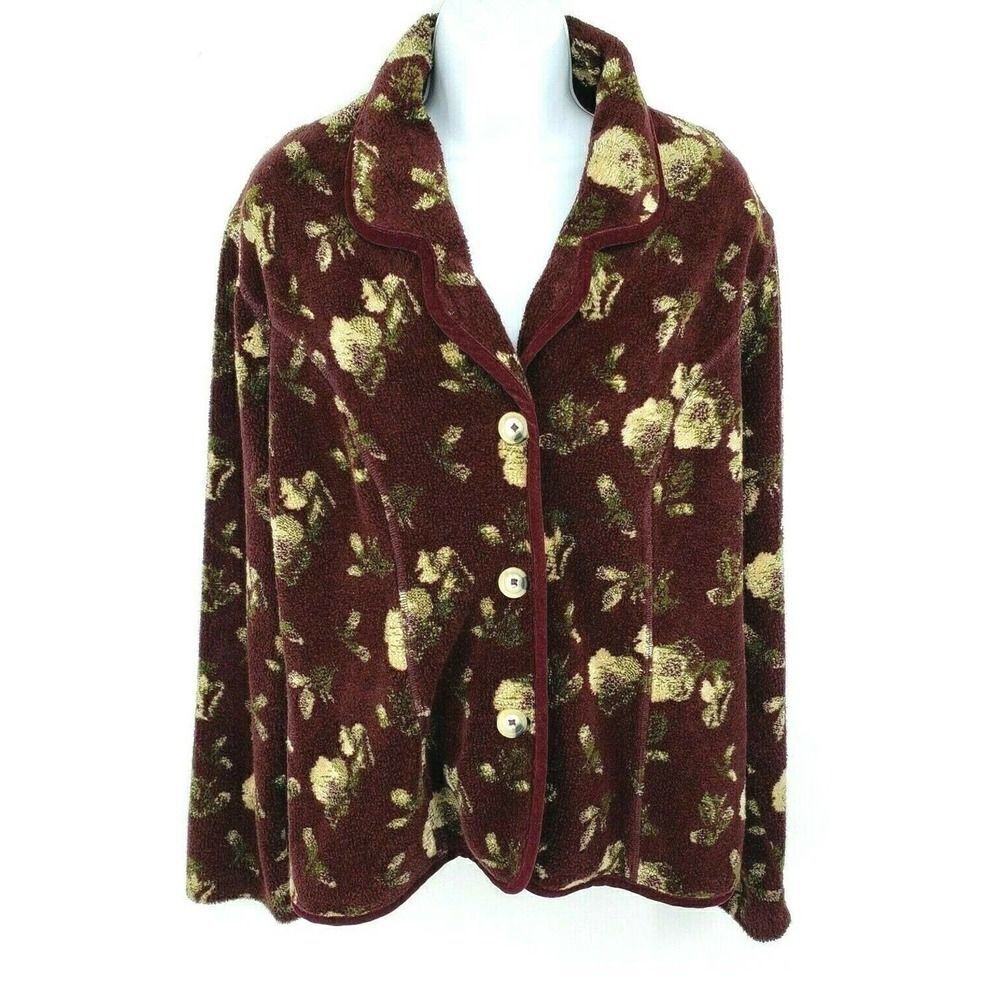 The Territory Ahead Womens Floral‎ Sherpa Velour Fleece Jacket Blazer Maroon